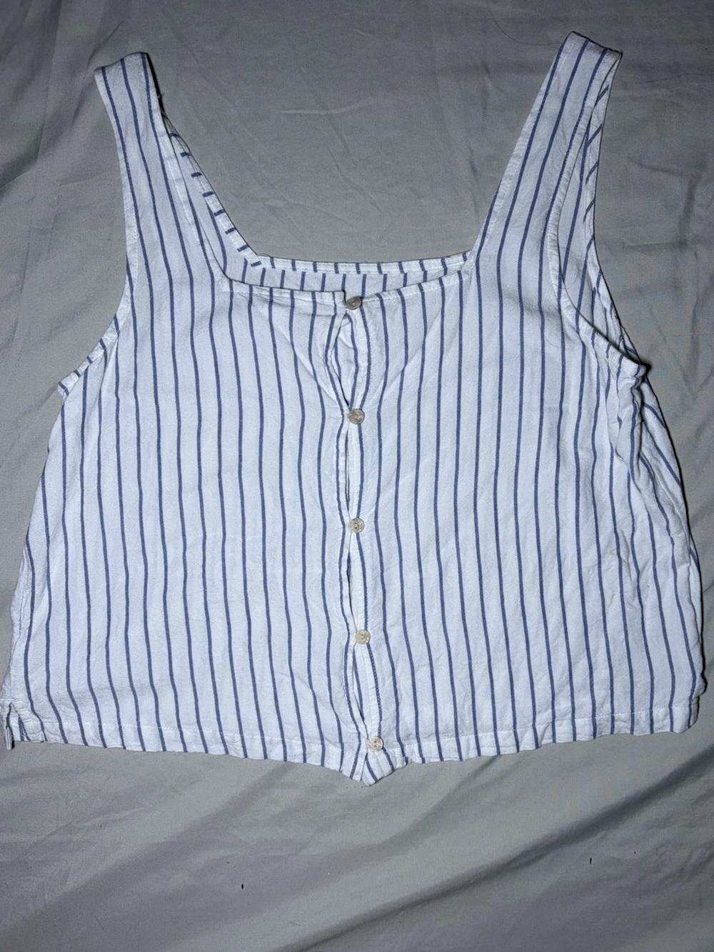 No Boundaries White Tank Top with Blue Stripes and Front Buttons